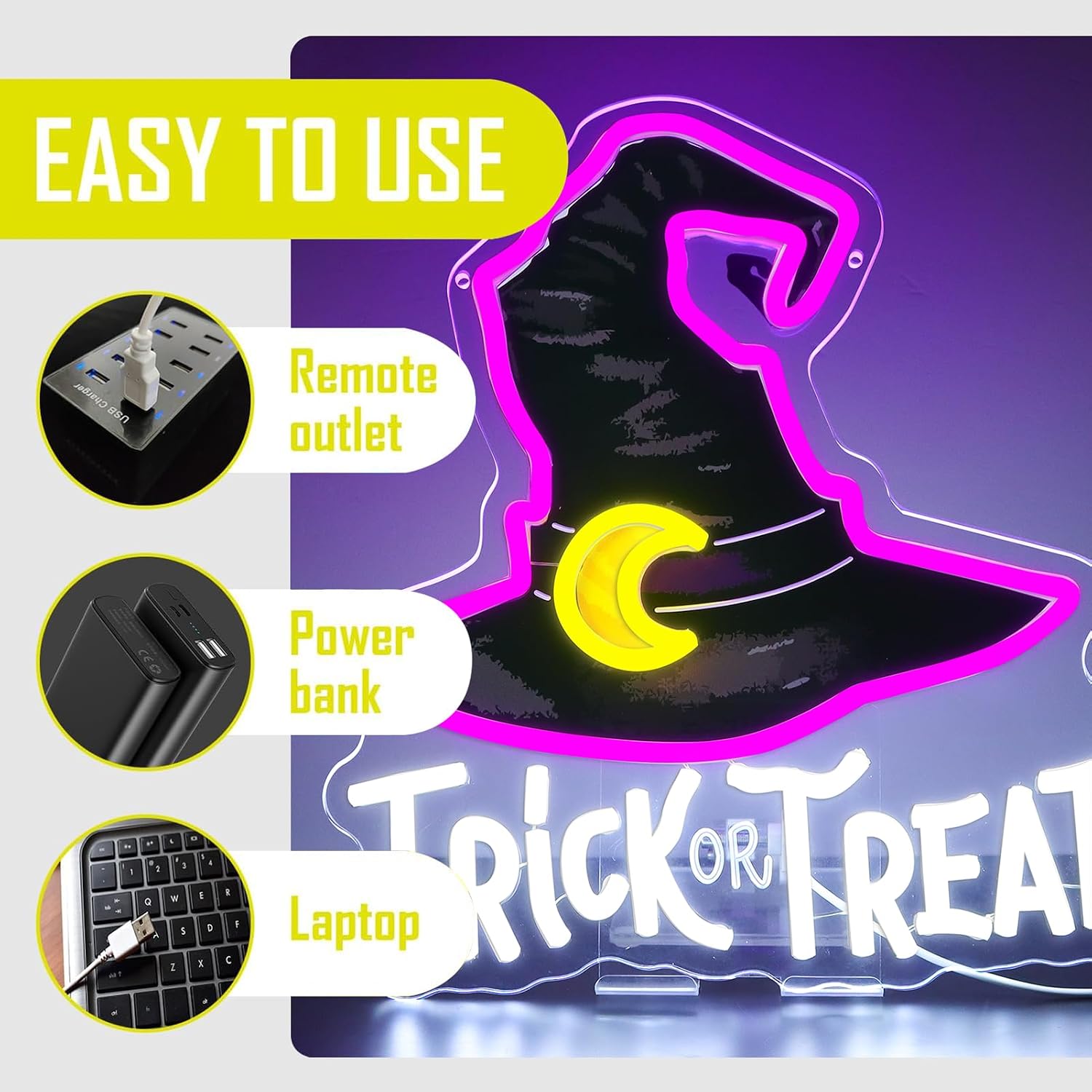 Trick Or Treat Witch Hat Neon  - Home Decor Lighting Tricks 评论和价格